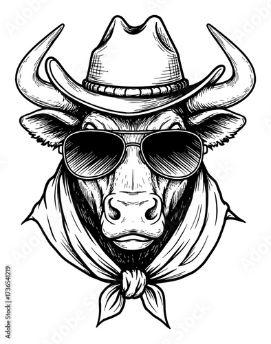 Bull Head with Cowboy Hat and Sunglasses Wearing Bandana Black and White Outline Line Art Drawing