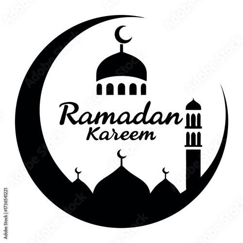 Black colour Ramadan Kareem with crescent and mosque silhouette vector illustration, solid white background (7).eps