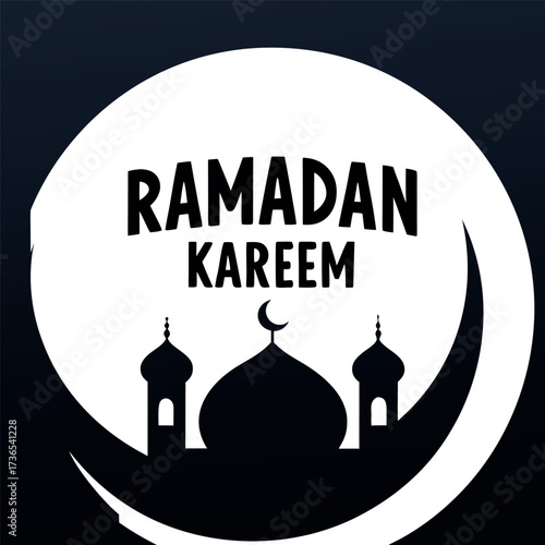 Black colour Ramadan Kareem with crescent and mosque silhouette vector illustration, solid white background (9).eps