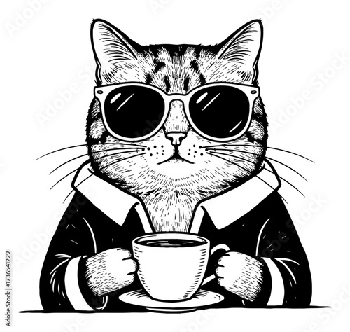 Stylish Cool Cat Wearing Sunglasses Holding Coffee Mug Black and White Outline Line Art Drawing