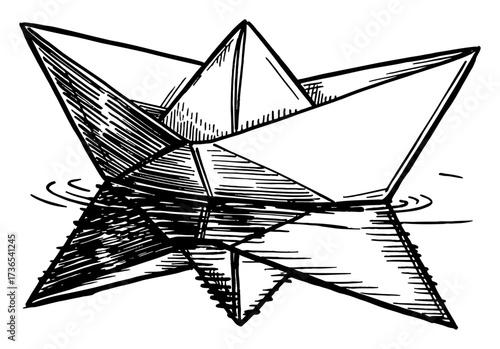 Paper Origami Boat Floating on Water Surface Black and White Outline Line Art Drawing Detailed Vintage Style