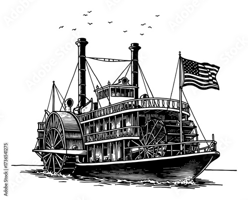 Vintage Paddle Steamer Riverboat with American Flag Black and White Outline Line Art Drawing Woodcut Engraving
