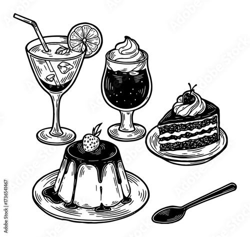 Desserts Featuring Cake Pudding and Mocktail Glass Black and White Outline Line Art Drawing