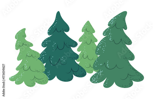 Stylized forest set of green Christmas trees with snow. Ideal for holiday designs, and decor.