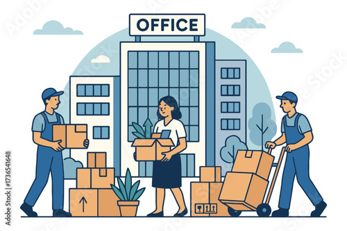 Office relocation with movers carrying boxes and a woman holding a plant