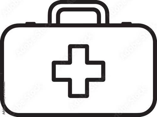 Simple line art icon of a medical first aid kit with a red cross symbol