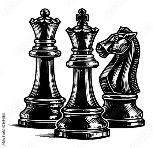 King Queen and Knight Chess Pieces Grouped Black and White Outline Line Art Drawing Isolated