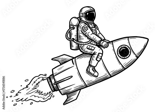 Astronaut Riding Flying Rocket Vintage Space Trip Black and White Outline Line Art Drawing