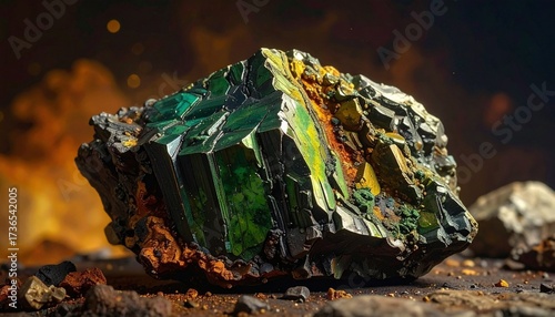 Uranium ore is a dense, dark-colored rock that can show green, yellow, or brown