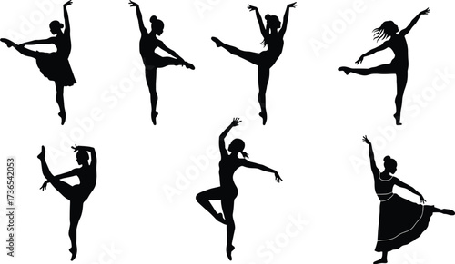 Ballet dancer silhouettes in various poses, graceful movement, classical dance, performance art, elegance, flexibility, choreography vector illustration design