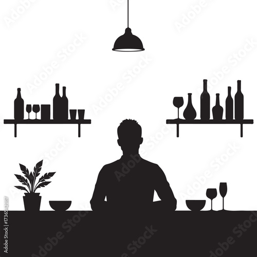 Silhouette of man at bar with bottles and glasses counter