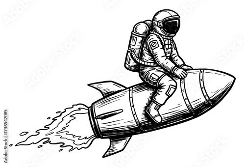 Astronaut Riding Flying Rocket Space Exploration Adventure in Black and White Outline Line Art Drawing