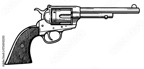 Retro Long Revolver Black and White Outline Line Art Drawing Isolated Vintage Handgun Weapon
