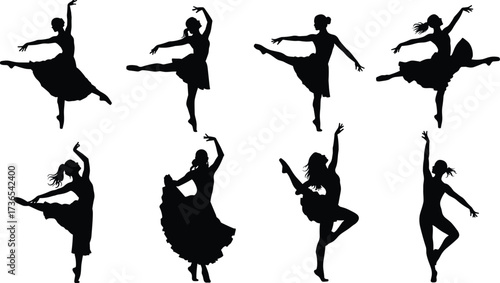 Ballet dancer silhouettes in various poses, graceful movement, classical dance, performance art, elegance, flexibility, choreography vector illustration design