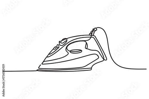 Continuous one line drawing of an iron with visible cord, representing neatness and care of clothes. one line Icon drawing with white background