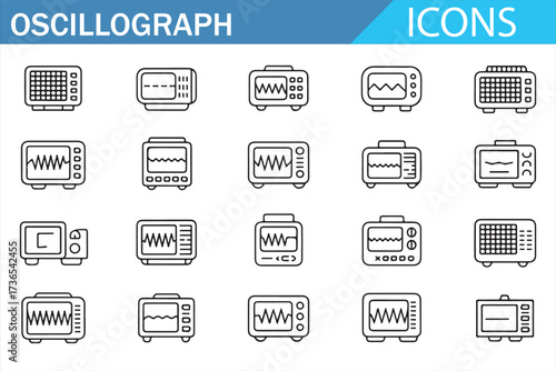 Oscilloscope & Oscillograph Line Icons Set — waveform, signal measurement, and electronics testing instruments for UI, apps, and print