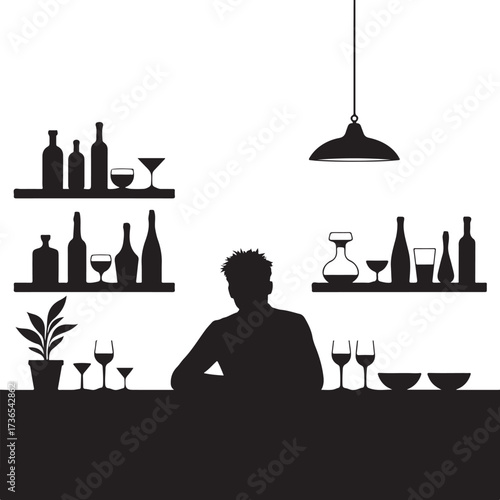 Silhouette of man at bar with bottles and glasses counter