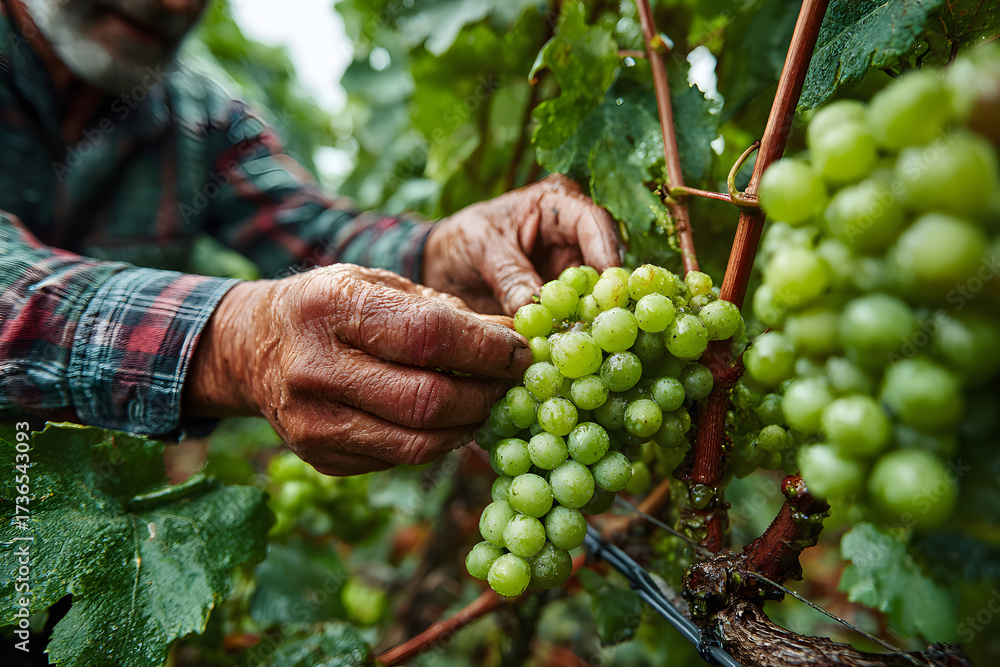 Obraz premium Farmer male hands picking grape, grapes harvest.
