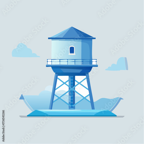 Illustrative depiction of a blue water tower, showcasing municipal infrastructure and urban design