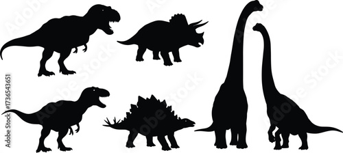 Black and white dinosaur silhouette vector illustration featuring Tyrannosaurus rex, Triceratops, Stegosaurus, Brachiosaurus prehistoric animals in simple nature design
