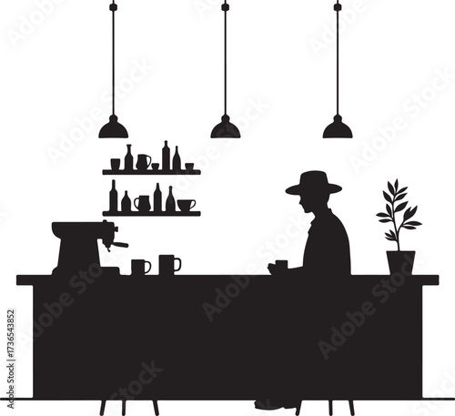 Silhouette of man at coffee bar with espresso machine and bottles