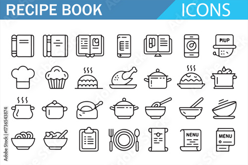 Kitchen Equipment and Meals — Thin Stroke Icon Bundle