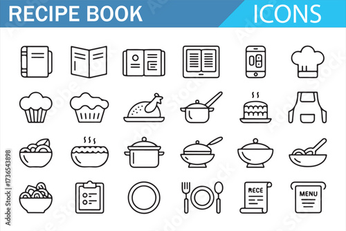 Cookbook, Chef Hat, and Tableware — Editable Line Icons