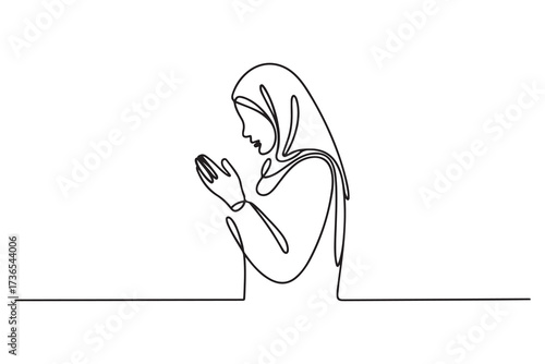 Continuous single line drawing of women Muslim prayer. One line drawing illustration of women praying for greeting card. one line Icon drawing with white background