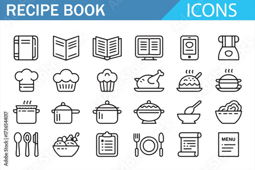 Chef, Cookbook, and Utensils — Thin Outline Food Icon Pack