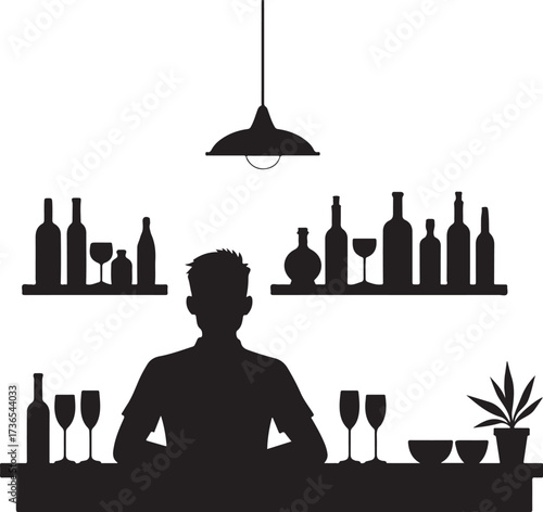 Silhouette of man at bar with bottles glasses and plant