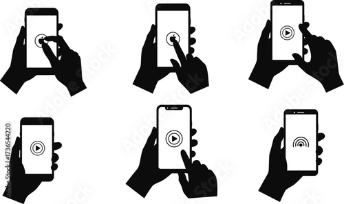 Black and white smartphone hand gesture vector illustration showing user tapping play button, rainbow interface, mobile device interaction technology design