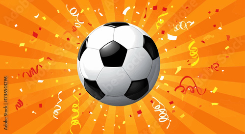 A dynamic sport illustration of a soccer ball and football victory celebration for a championship with pop art sunburst