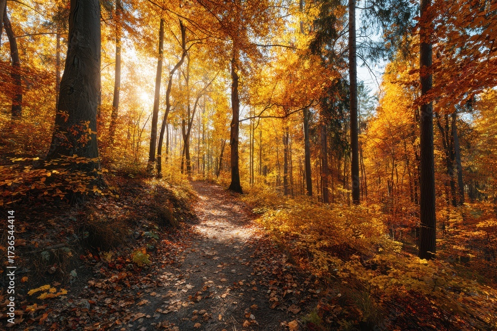 Fototapeta premium Autumn Trails Winding Through a Vibrant Forest of Golden Leaves