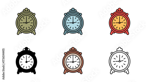 Vector art of assortment of six vintage alarm clock icons in different colors