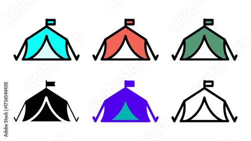 Vector art of set of six tent icons in different colors and styles
