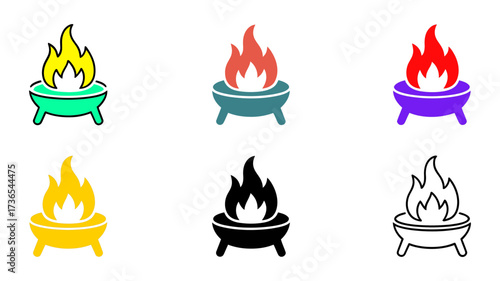 Vector art of collection of six fire pit icons in various colors and styles