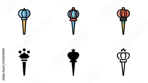Vector art of assortment of six scepters or royal staffs in different colors and styles