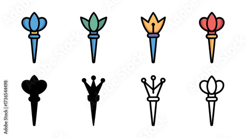 Vector art of collection of eight stylized torches in various colors and designs