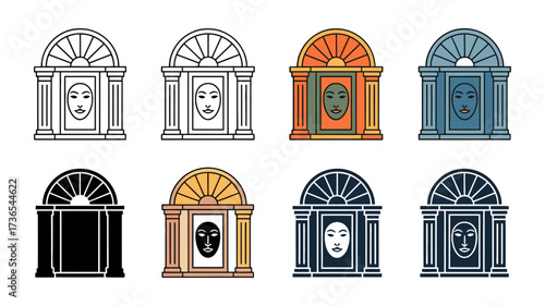 Vector art of set of eight stylized architectural facade elements with arched windows and faces, in various colors and styles