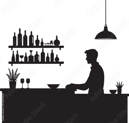 Silhouette of man behind bar with bottles and glasses
