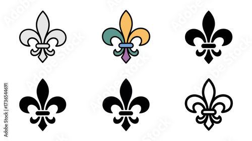 Vector art of set of fleurdelis icons in various styles and colors