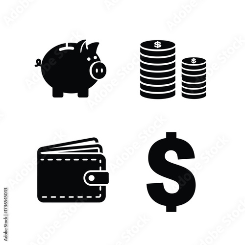 A set of four black financial icons including a piggy bank, stacked coins, a wallet, and a dollar sign.