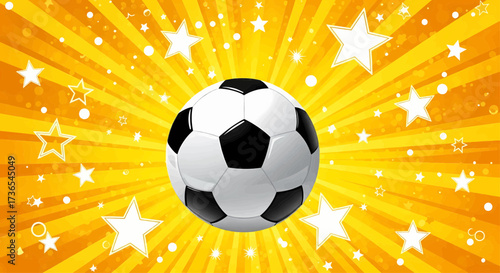 Soccer ball sport illustration with a pop art sunburst comic background for a championship celebration and victory