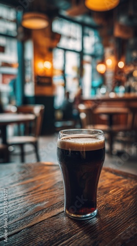 Stout beer glass on wooden table in dimly lit pub