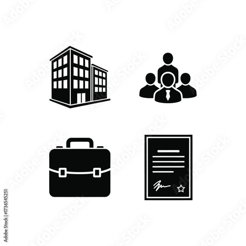 Four black icons representing business concepts: an office building, a team of people, a briefcase, and an official document.
