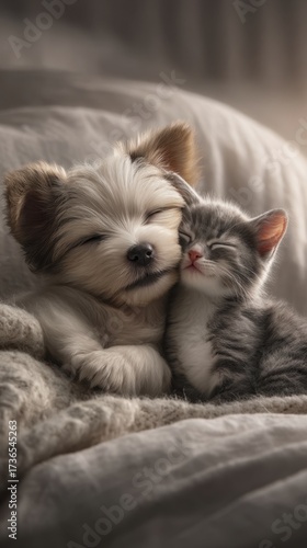 Puppy and kitten sleeping together showcasing friendship and unity