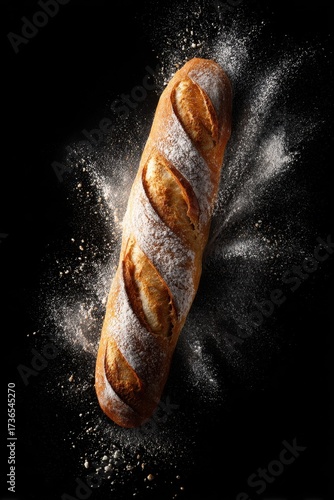 Freshly baked baguette bread loaf with flour on black