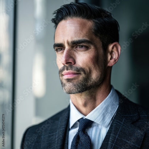 Businessman looking out window thinking about future success