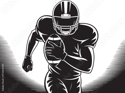 American football player running powerfully with ball