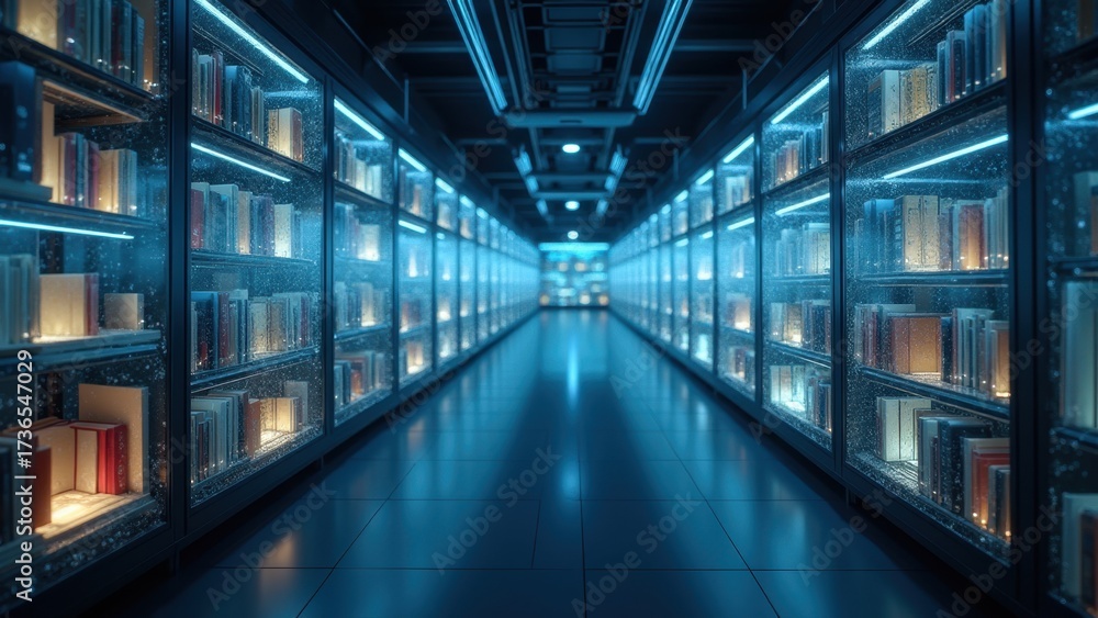 Obraz premium A visually immersive archive extending infinitely into the distance, filled with transparent glowing book-like structures. Data streams cascade between them, sense of endless knowledge preservation.